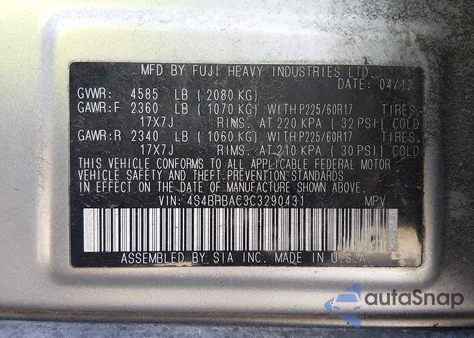 2012 Subaru Outback 2.5I from USA, damaged, VIN 4S4BRBAC3C3290431